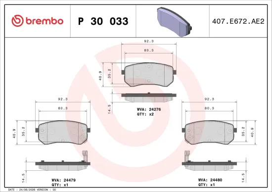 Bremsbelagsatz, Scheibenbremse Hinterachse BREMBO P 30 033 Bild Bremsbelagsatz, Scheibenbremse Hinterachse BREMBO P 30 033