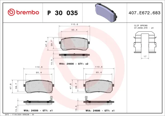Bremsbelagsatz, Scheibenbremse Hinterachse BREMBO P 30 035 Bild Bremsbelagsatz, Scheibenbremse Hinterachse BREMBO P 30 035