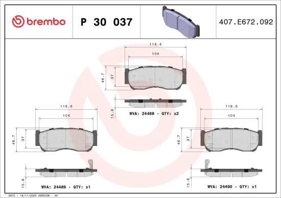 Bremsbelagsatz, Scheibenbremse Hinterachse BREMBO P 30 037 Bild Bremsbelagsatz, Scheibenbremse Hinterachse BREMBO P 30 037