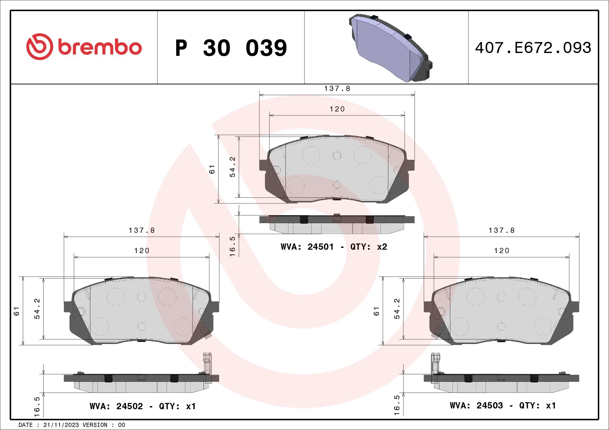Bremsbelagsatz, Scheibenbremse Vorderachse BREMBO P 30 039