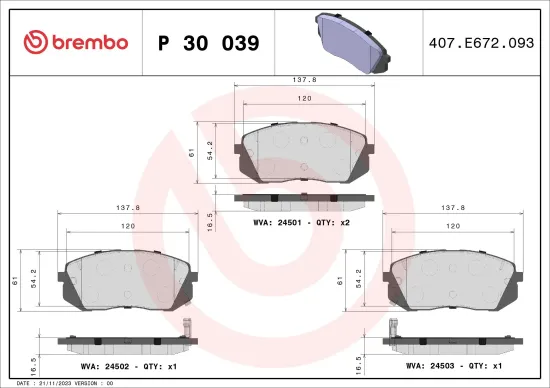 Bremsbelagsatz, Scheibenbremse Vorderachse BREMBO P 30 039 Bild Bremsbelagsatz, Scheibenbremse Vorderachse BREMBO P 30 039