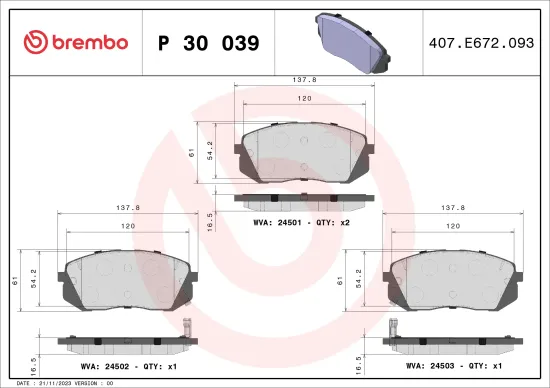Bremsbelagsatz, Scheibenbremse Vorderachse BREMBO P 30 039 Bild Bremsbelagsatz, Scheibenbremse Vorderachse BREMBO P 30 039
