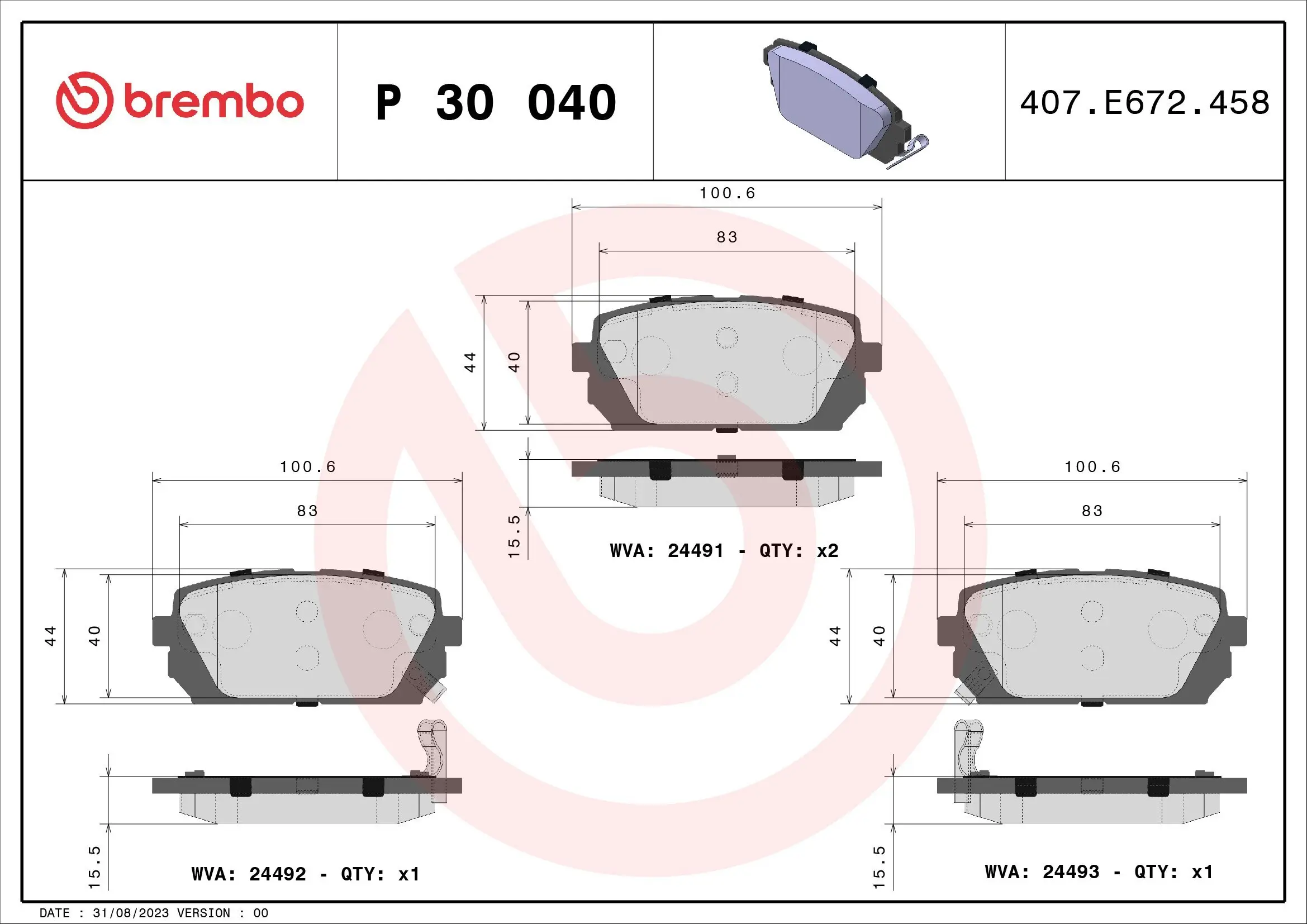 Bremsbelagsatz, Scheibenbremse Hinterachse BREMBO P 30 040