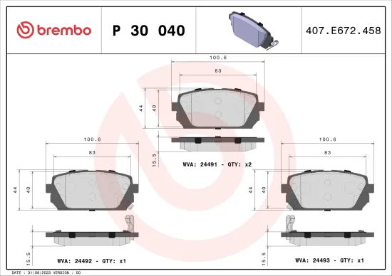Bremsbelagsatz, Scheibenbremse Hinterachse BREMBO P 30 040 Bild Bremsbelagsatz, Scheibenbremse Hinterachse BREMBO P 30 040