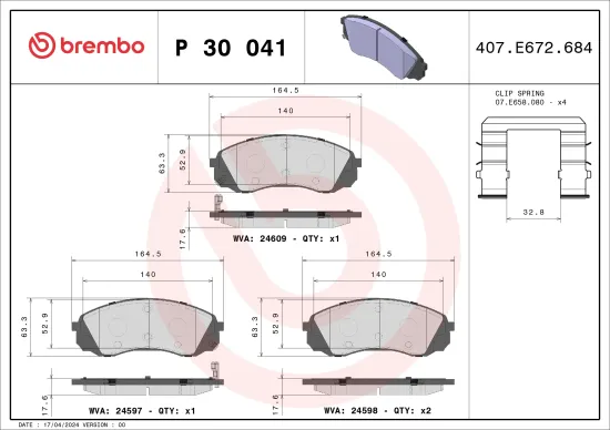 Bremsbelagsatz, Scheibenbremse Vorderachse BREMBO P 30 041 Bild Bremsbelagsatz, Scheibenbremse Vorderachse BREMBO P 30 041