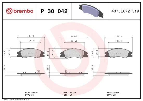 Bremsbelagsatz, Scheibenbremse Vorderachse BREMBO P 30 042 Bild Bremsbelagsatz, Scheibenbremse Vorderachse BREMBO P 30 042