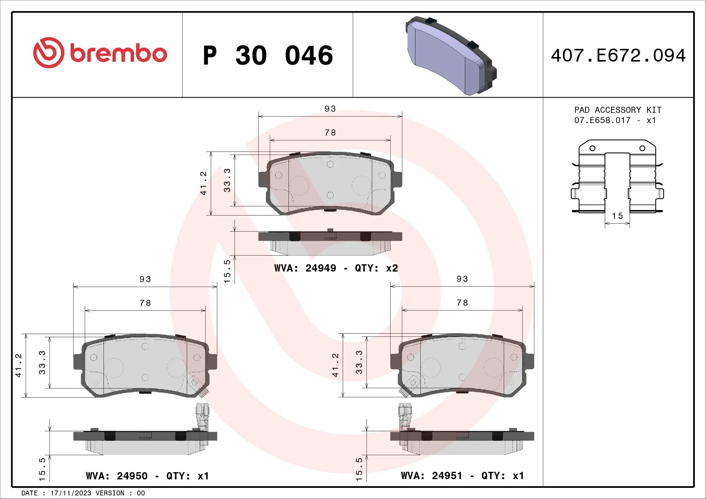 Bremsbelagsatz, Scheibenbremse Hinterachse BREMBO P 30 046