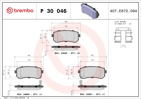 Bremsbelagsatz, Scheibenbremse Hinterachse BREMBO P 30 046 Bild Bremsbelagsatz, Scheibenbremse Hinterachse BREMBO P 30 046