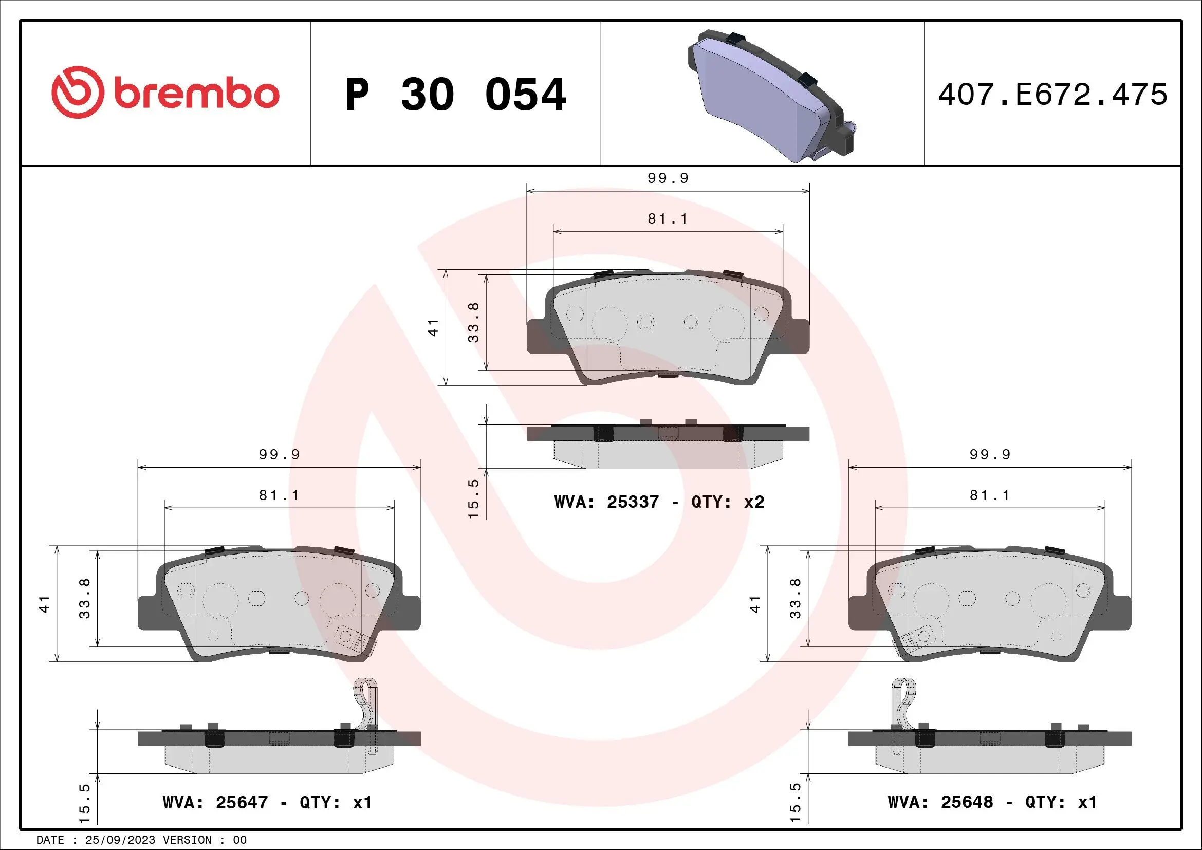 Bremsbelagsatz, Scheibenbremse Hinterachse BREMBO P 30 054