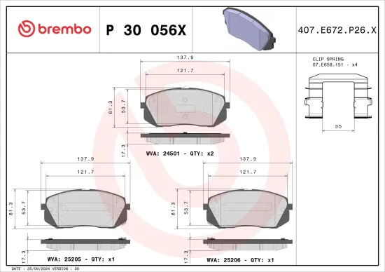 Bremsbelagsatz, Scheibenbremse Vorderachse BREMBO P 30 056X Bild Bremsbelagsatz, Scheibenbremse Vorderachse BREMBO P 30 056X