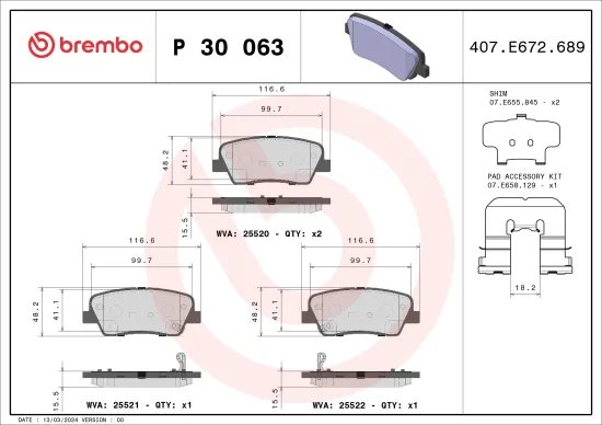 Bremsbelagsatz, Scheibenbremse Hinterachse BREMBO P 30 063 Bild Bremsbelagsatz, Scheibenbremse Hinterachse BREMBO P 30 063