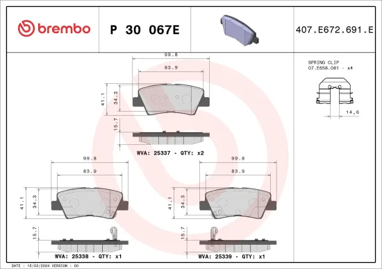 Bremsbelagsatz, Scheibenbremse Hinterachse BREMBO P 30 067E Bild Bremsbelagsatz, Scheibenbremse Hinterachse BREMBO P 30 067E