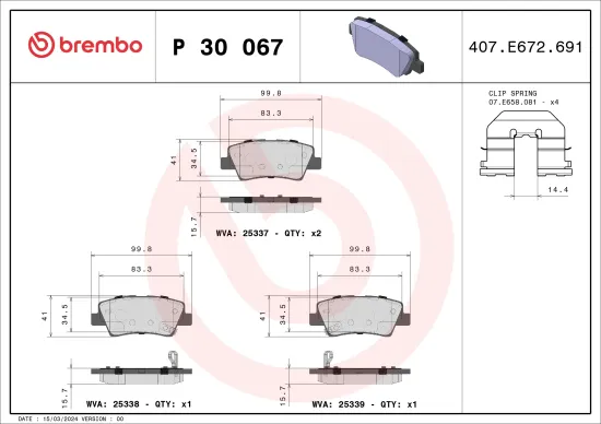 Bremsbelagsatz, Scheibenbremse BREMBO P 30 067 Bild Bremsbelagsatz, Scheibenbremse BREMBO P 30 067