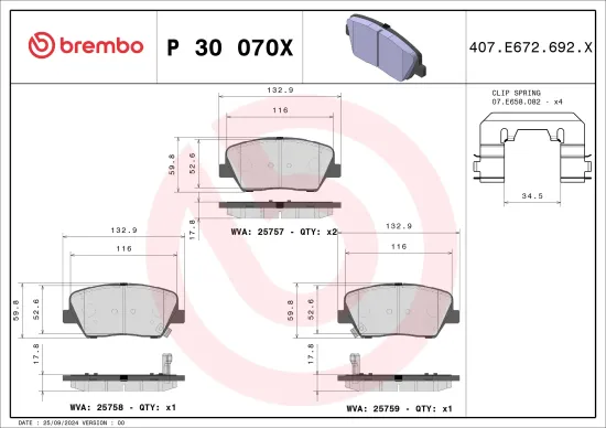 Bremsbelagsatz, Scheibenbremse Vorderachse BREMBO P 30 070X Bild Bremsbelagsatz, Scheibenbremse Vorderachse BREMBO P 30 070X