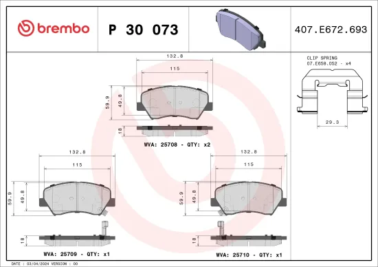 Bremsbelagsatz, Scheibenbremse Vorderachse BREMBO P 30 073 Bild Bremsbelagsatz, Scheibenbremse Vorderachse BREMBO P 30 073