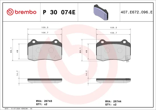 Bremsbelagsatz, Scheibenbremse Hinterachse BREMBO P 30 074E Bild Bremsbelagsatz, Scheibenbremse Hinterachse BREMBO P 30 074E