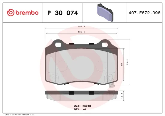 Bremsbelagsatz, Scheibenbremse Hinterachse BREMBO P 30 074 Bild Bremsbelagsatz, Scheibenbremse Hinterachse BREMBO P 30 074