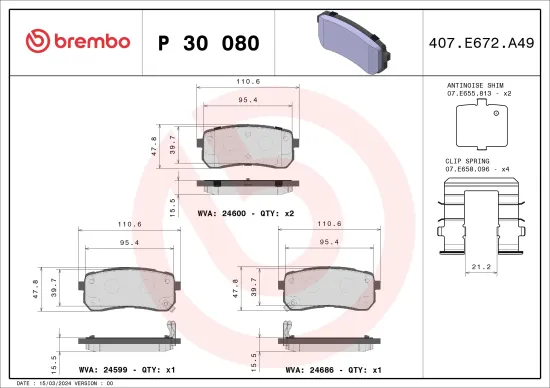 Bremsbelagsatz, Scheibenbremse Hinterachse BREMBO P 30 080 Bild Bremsbelagsatz, Scheibenbremse Hinterachse BREMBO P 30 080