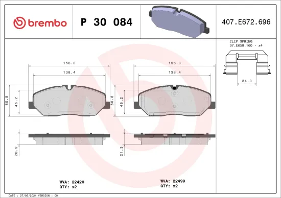 Bremsbelagsatz, Scheibenbremse Vorderachse BREMBO P 30 084 Bild Bremsbelagsatz, Scheibenbremse Vorderachse BREMBO P 30 084