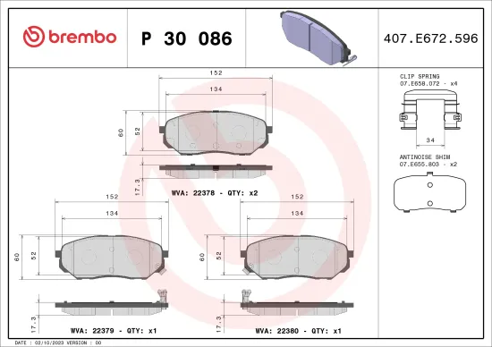 Bremsbelagsatz, Scheibenbremse Vorderachse BREMBO P 30 086 Bild Bremsbelagsatz, Scheibenbremse Vorderachse BREMBO P 30 086