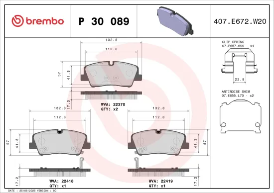 Bremsbelagsatz, Scheibenbremse Hinterachse BREMBO P 30 089 Bild Bremsbelagsatz, Scheibenbremse Hinterachse BREMBO P 30 089