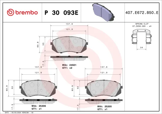 Bremsbelagsatz, Scheibenbremse Vorderachse BREMBO P 30 093E Bild Bremsbelagsatz, Scheibenbremse Vorderachse BREMBO P 30 093E