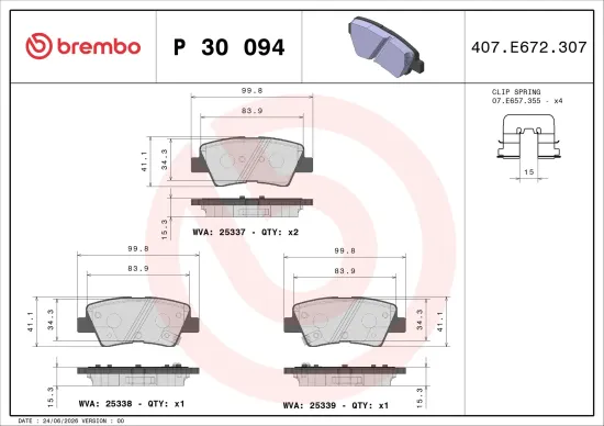 Bremsbelagsatz, Scheibenbremse Hinterachse BREMBO P 30 094 Bild Bremsbelagsatz, Scheibenbremse Hinterachse BREMBO P 30 094