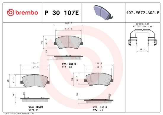 Bremsbelagsatz, Scheibenbremse Vorderachse BREMBO P 30 107E Bild Bremsbelagsatz, Scheibenbremse Vorderachse BREMBO P 30 107E
