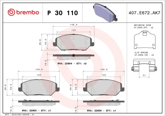 Bremsbelagsatz, Scheibenbremse Vorderachse BREMBO P 30 110 Bild Bremsbelagsatz, Scheibenbremse Vorderachse BREMBO P 30 110