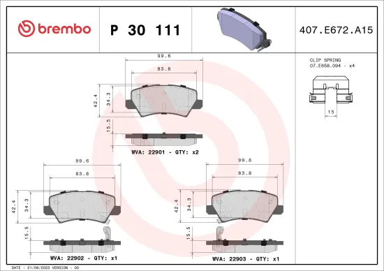 Bremsbelagsatz, Scheibenbremse Hinterachse BREMBO P 30 111 Bild Bremsbelagsatz, Scheibenbremse Hinterachse BREMBO P 30 111