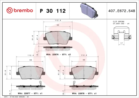 Bremsbelagsatz, Scheibenbremse Hinterachse BREMBO P 30 112 Bild Bremsbelagsatz, Scheibenbremse Hinterachse BREMBO P 30 112