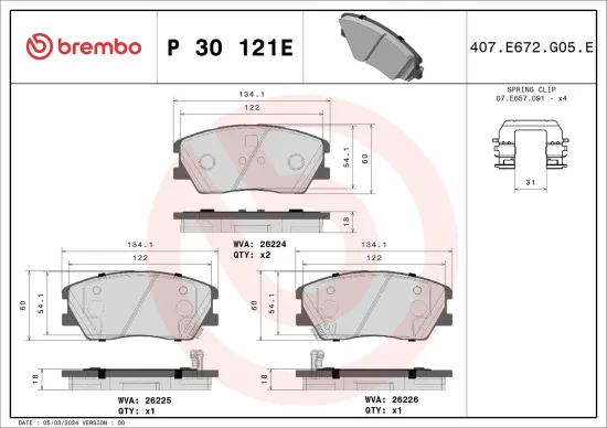 Bremsbelagsatz, Scheibenbremse Vorderachse BREMBO P 30 121E Bild Bremsbelagsatz, Scheibenbremse Vorderachse BREMBO P 30 121E