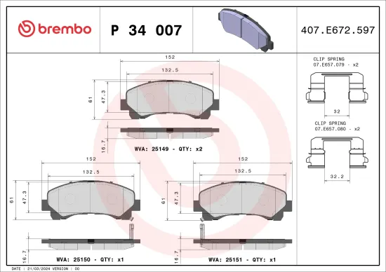 Bremsbelagsatz, Scheibenbremse Vorderachse BREMBO P 34 007 Bild Bremsbelagsatz, Scheibenbremse Vorderachse BREMBO P 34 007