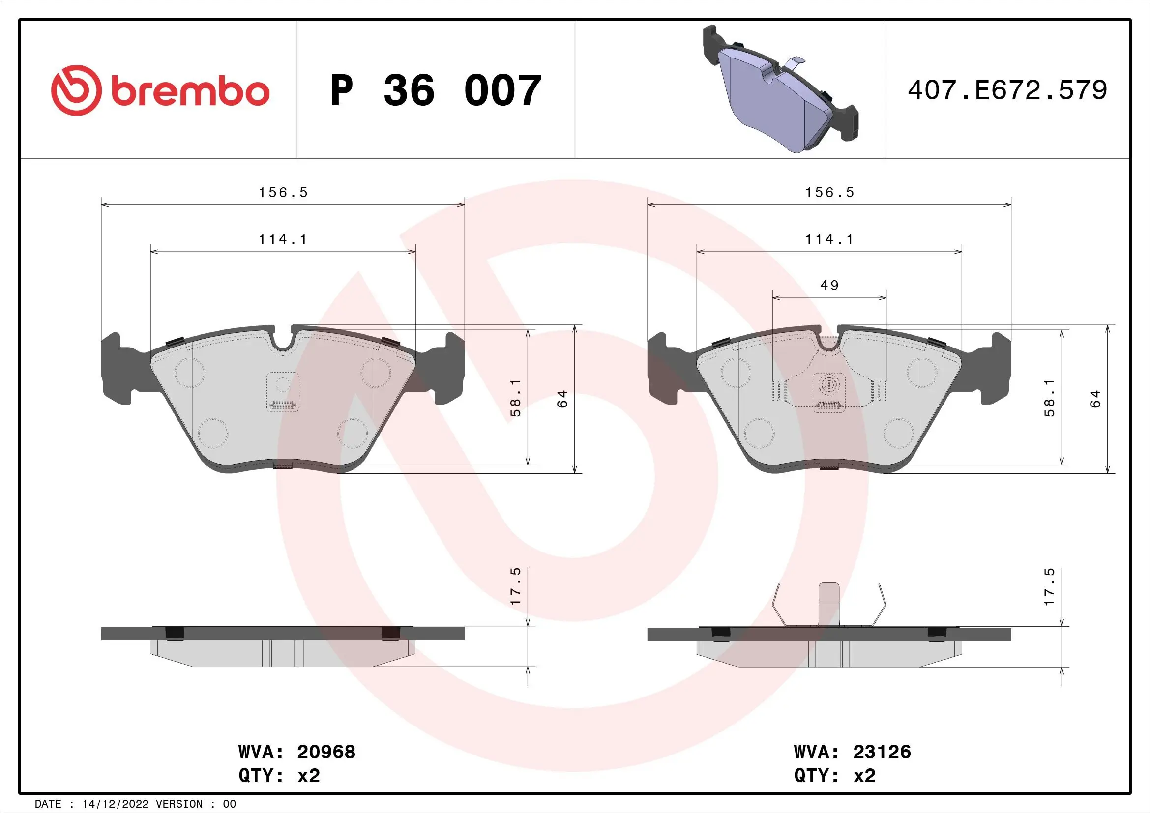 Bremsbelagsatz, Scheibenbremse Vorderachse BREMBO P 36 007