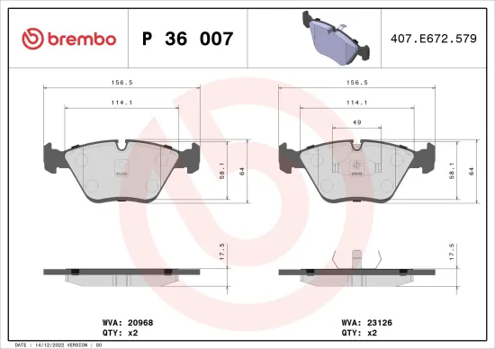 Bremsbelagsatz, Scheibenbremse Vorderachse BREMBO P 36 007 Bild Bremsbelagsatz, Scheibenbremse Vorderachse BREMBO P 36 007