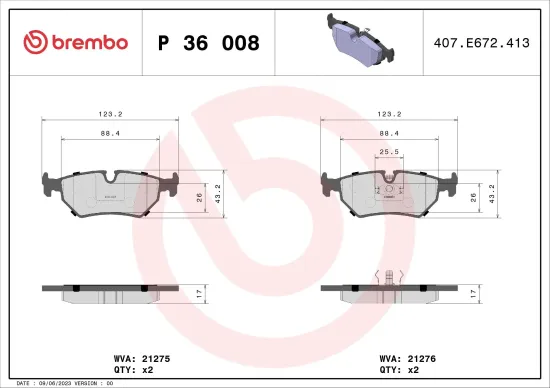 Bremsbelagsatz, Scheibenbremse Hinterachse BREMBO P 36 008 Bild Bremsbelagsatz, Scheibenbremse Hinterachse BREMBO P 36 008