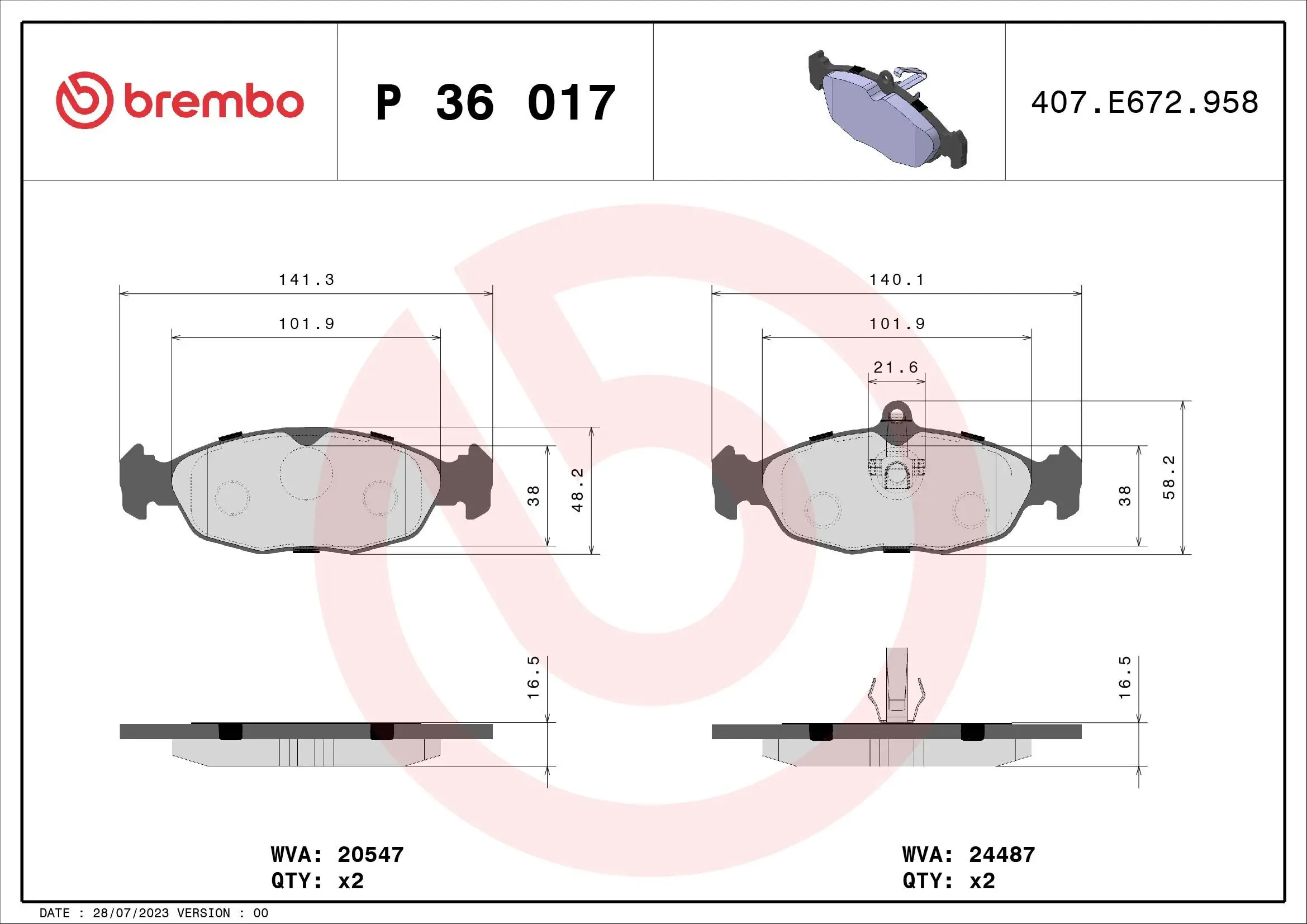 Bremsbelagsatz, Scheibenbremse Hinterachse BREMBO P 36 017