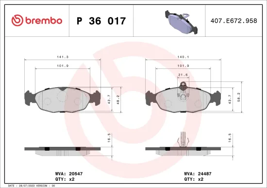Bremsbelagsatz, Scheibenbremse Hinterachse BREMBO P 36 017 Bild Bremsbelagsatz, Scheibenbremse Hinterachse BREMBO P 36 017