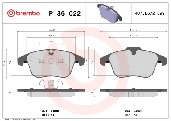 Bremsbelagsatz, Scheibenbremse Vorderachse BREMBO P 36 022 Bild Bremsbelagsatz, Scheibenbremse Vorderachse BREMBO P 36 022