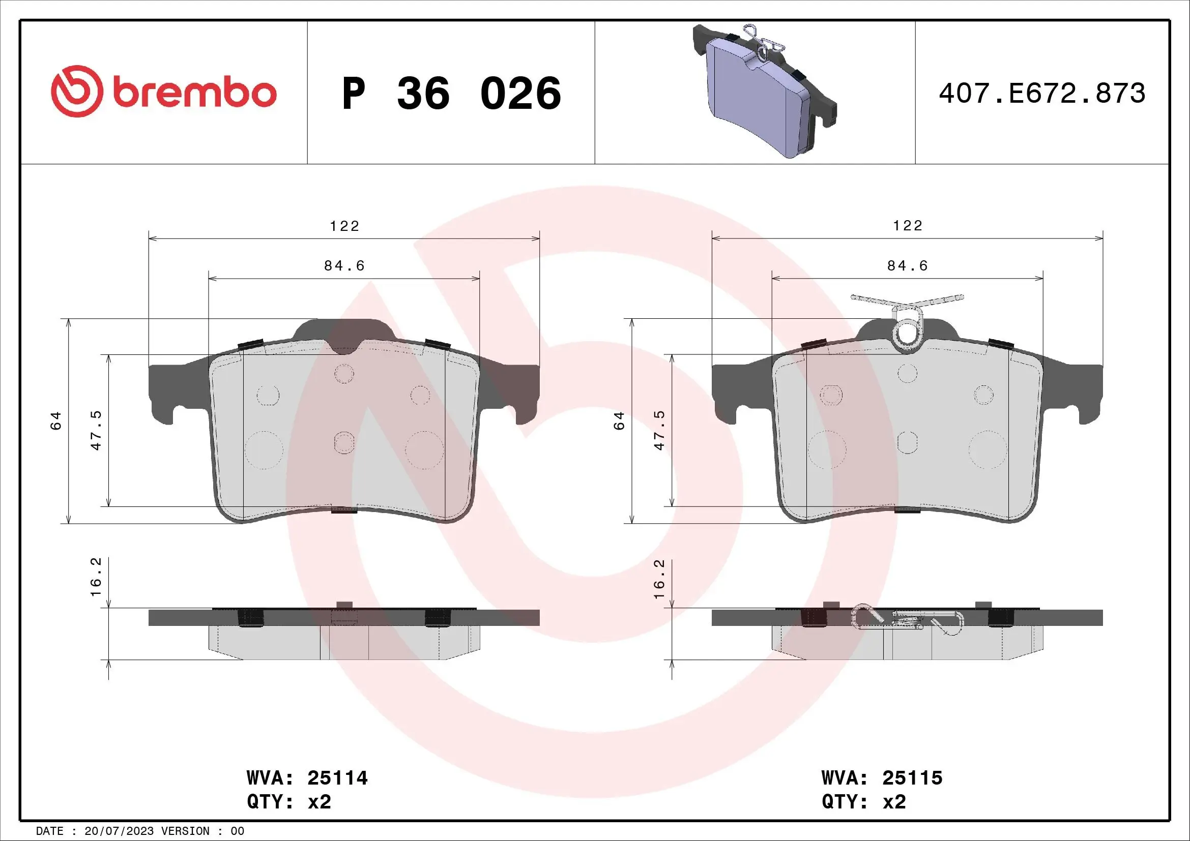 Bremsbelagsatz, Scheibenbremse Hinterachse BREMBO P 36 026