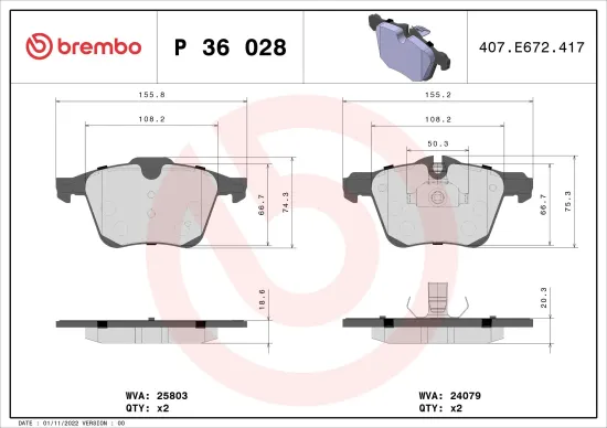 Bremsbelagsatz, Scheibenbremse Vorderachse BREMBO P 36 028 Bild Bremsbelagsatz, Scheibenbremse Vorderachse BREMBO P 36 028