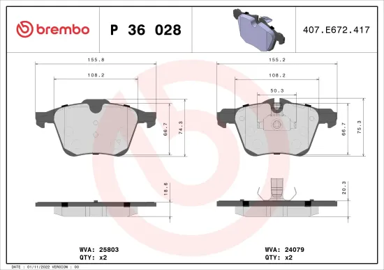 Bremsbelagsatz, Scheibenbremse Vorderachse BREMBO P 36 028 Bild Bremsbelagsatz, Scheibenbremse Vorderachse BREMBO P 36 028