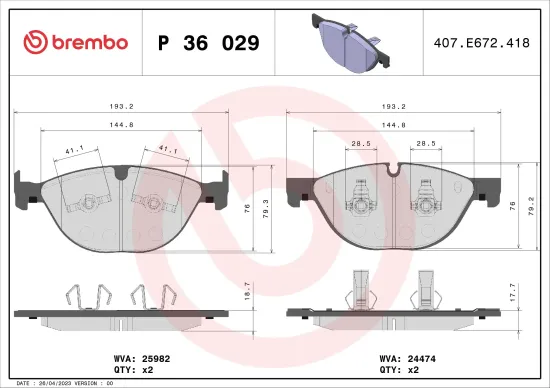 Bremsbelagsatz, Scheibenbremse Vorderachse BREMBO P 36 029 Bild Bremsbelagsatz, Scheibenbremse Vorderachse BREMBO P 36 029