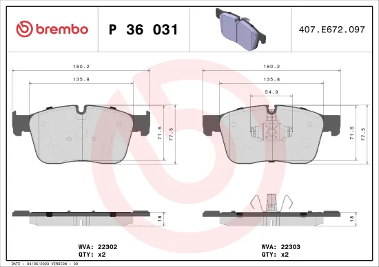 Bremsbelagsatz, Scheibenbremse BREMBO P 36 031 Bild Bremsbelagsatz, Scheibenbremse BREMBO P 36 031
