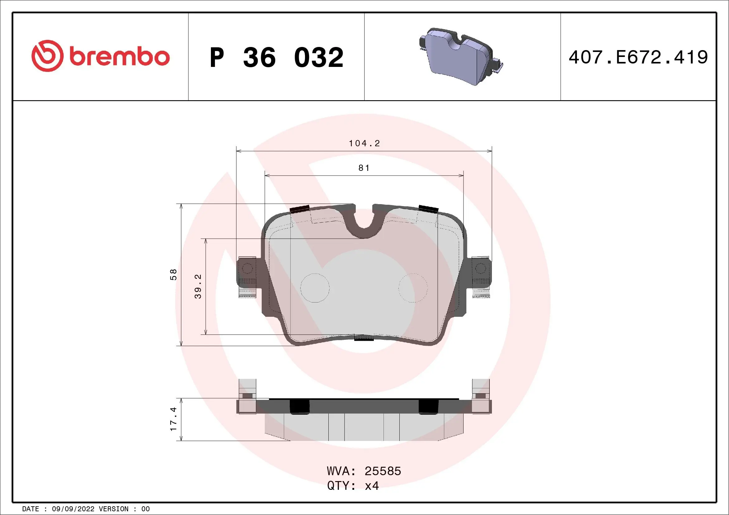 Bremsbelagsatz, Scheibenbremse Hinterachse BREMBO P 36 032