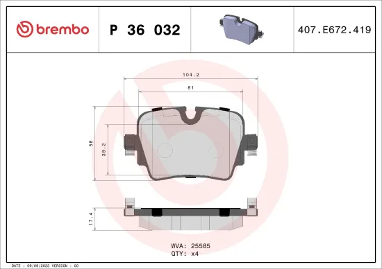 Bremsbelagsatz, Scheibenbremse Hinterachse BREMBO P 36 032 Bild Bremsbelagsatz, Scheibenbremse Hinterachse BREMBO P 36 032