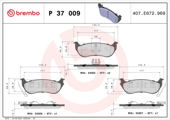 Bremsbelagsatz, Scheibenbremse Hinterachse BREMBO P 37 009 Bild Bremsbelagsatz, Scheibenbremse Hinterachse BREMBO P 37 009