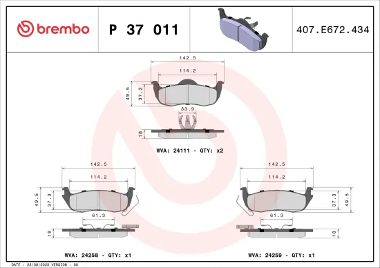 Bremsbelagsatz, Scheibenbremse Hinterachse BREMBO P 37 011 Bild Bremsbelagsatz, Scheibenbremse Hinterachse BREMBO P 37 011
