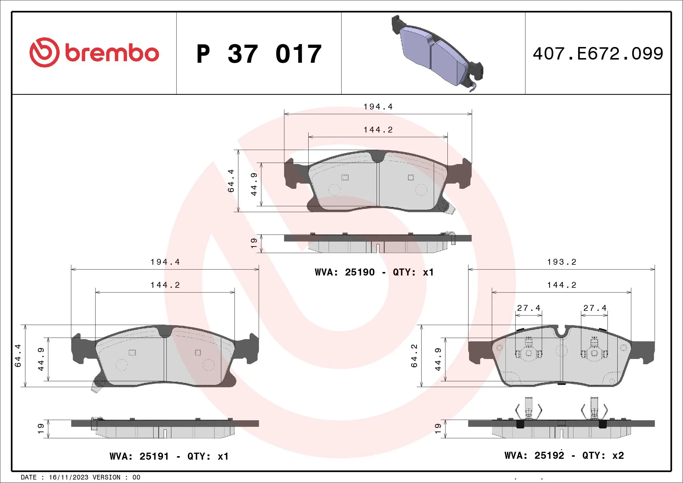 Bremsbelagsatz, Scheibenbremse BREMBO P 37 017X Bild Bremsbelagsatz, Scheibenbremse BREMBO P 37 017X