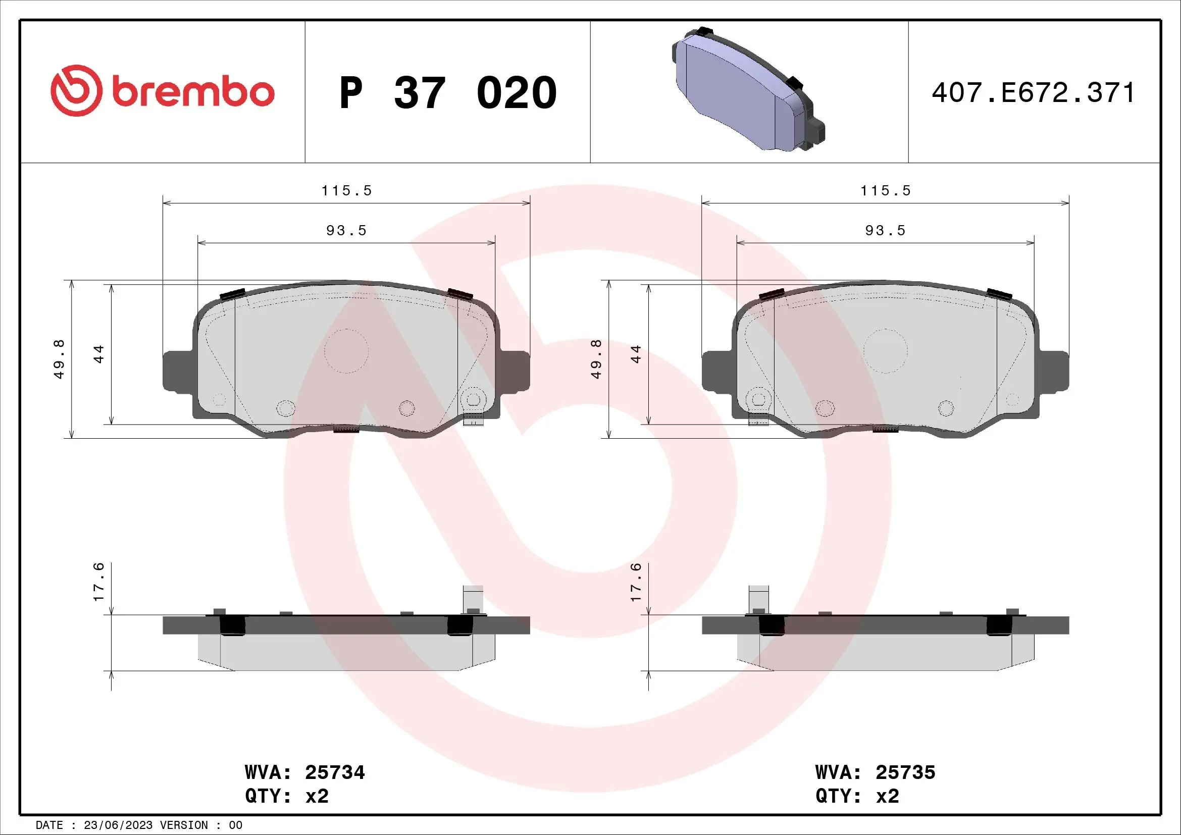Bremsbelagsatz, Scheibenbremse Hinterachse BREMBO P 37 020